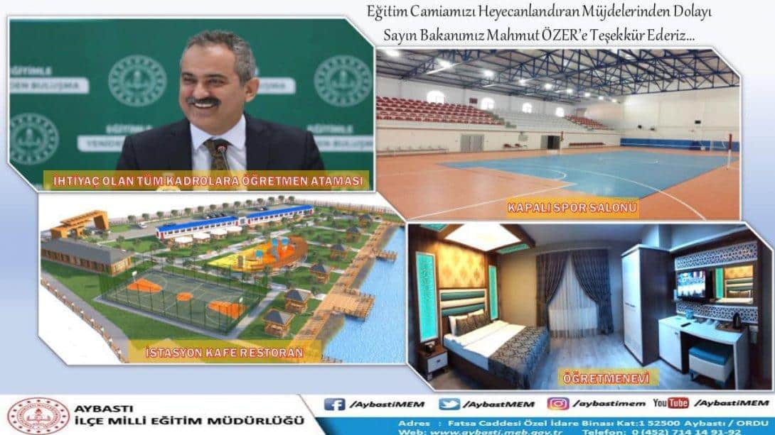 Aybastı'mızın Tüm Taleplerini Karşılayan Sayın Bakanımız Mahmut ÖZER'e Eğitim Camiamız Adına Teşekkür Ediyoruz